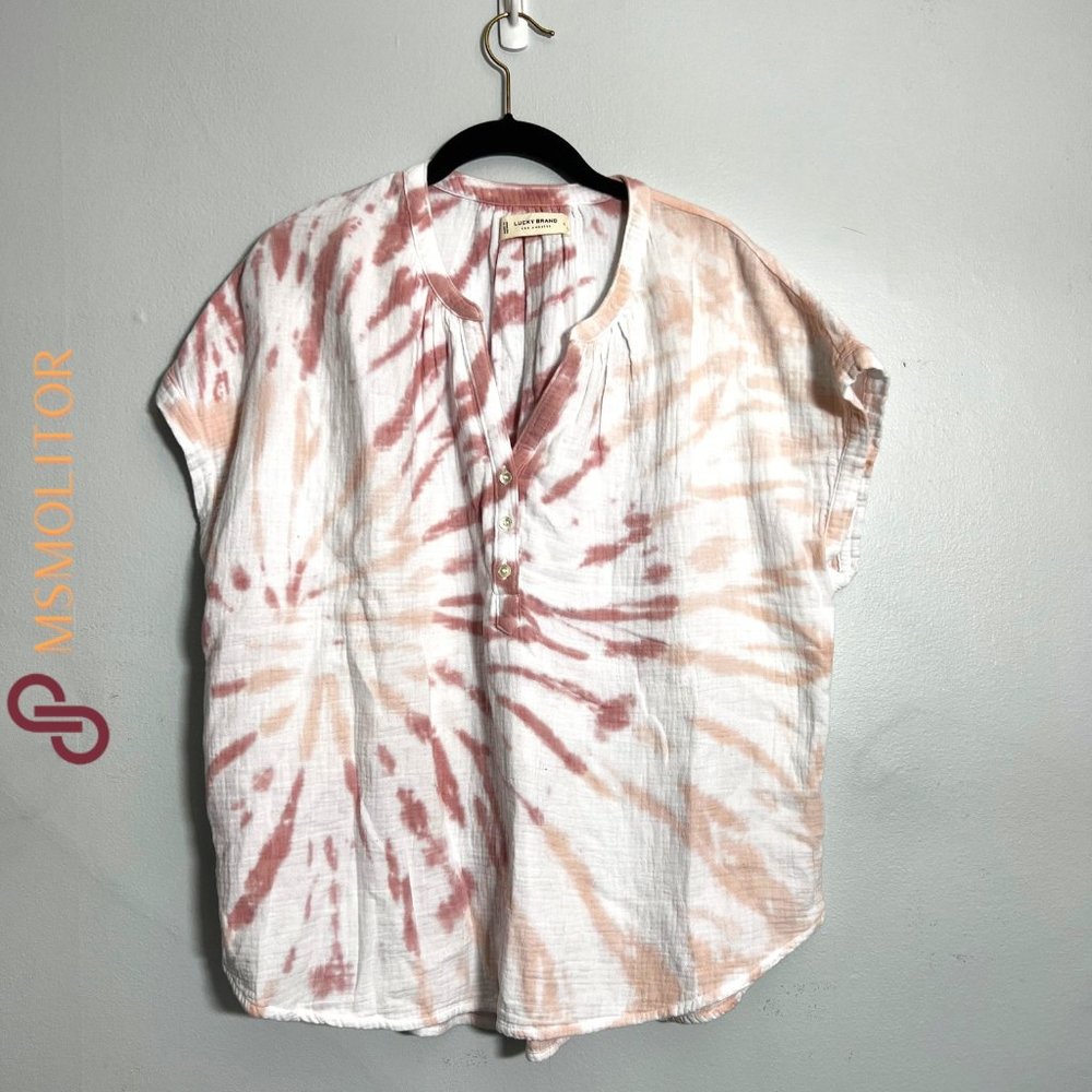 Lucky Brand Women's L Sleeveless Pink Tie-dye Button-up Top